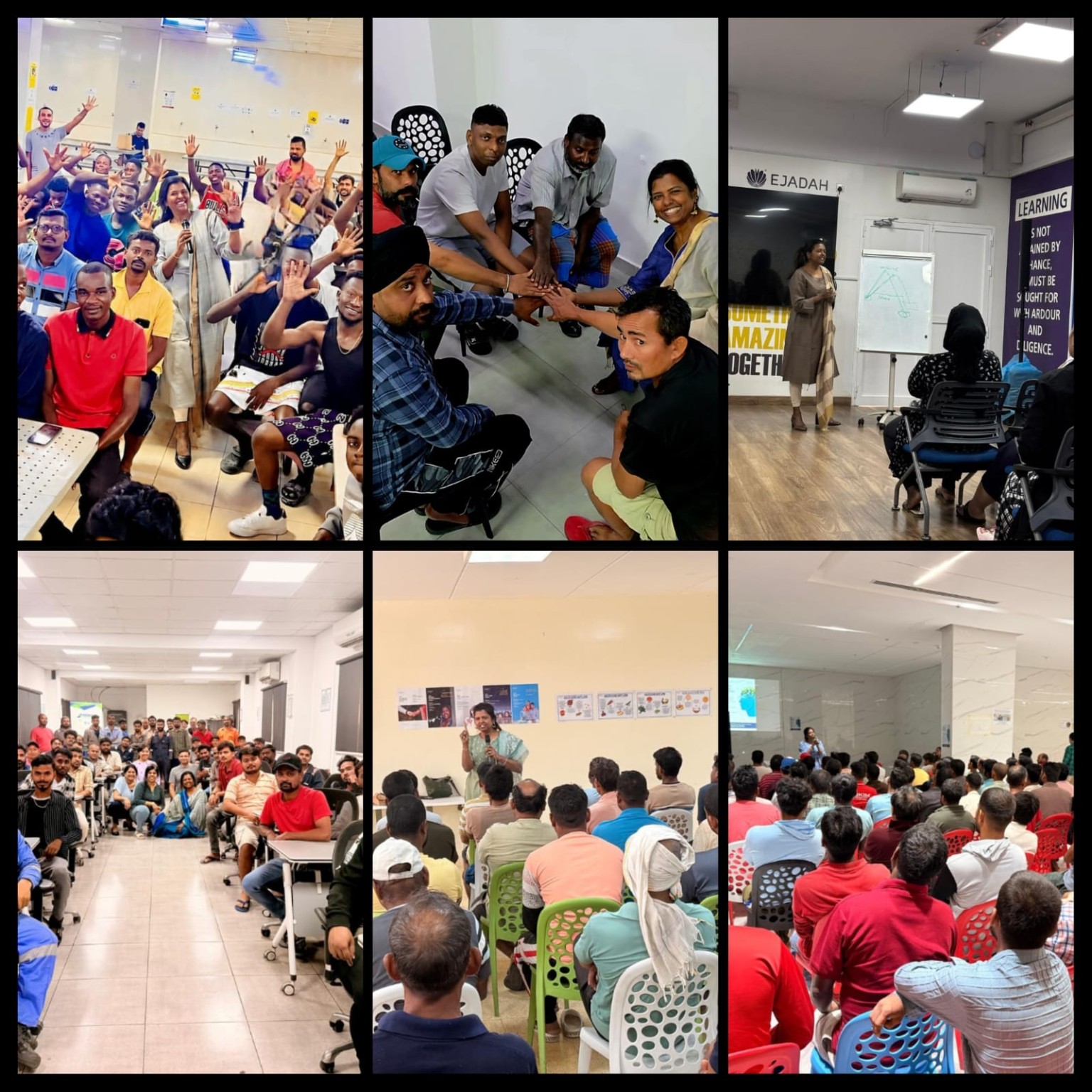 Collage of community activities and worker sessions